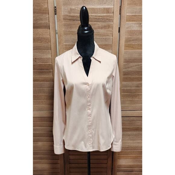 Elle Medium M Light Pink Roll Tab Sleeve Button-Up Career Business Casual Blouse - Picture 1 of 7